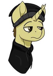 Size: 1388x2000 | Tagged: safe, artist:memeancholy, imported from derpibooru, oc, oc:ticker, pony, unicorn, clothes, hat, hoodie, horn, male, meme, solo, stallion