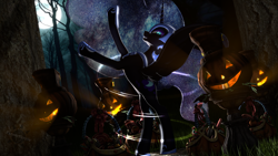 Size: 3840x2160 | Tagged: safe, artist:fanaticheretic7, imported from derpibooru, nightmare moon, alicorn, pony, 3d, basket, candle, cute, everfree forest, forest, full moon, halloween, happy, holiday, jack-o-lantern, magic, magic circle, mlp fim's fourteenth anniversary, moon, nature, nightmare night, pumpkin, smiling, solo, summoning, summoning circle, tree, tribute, wholesome