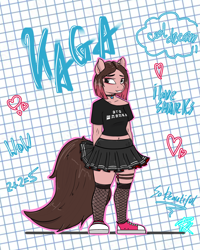 Size: 2500x3125 | Tagged: safe, artist:raw16, imported from derpibooru, oc, oc only, oc:naga, anthro, altushka, bare shoulders, bubble, clothes, collar, cyrillic, design, ear piercing, exposed belly, female, fishnet clothing, fishnets, garter, garter straps, hands behind back, heart, lipstick, looking at each other, looking at someone, outline, piercing, pleated skirt, russian, shirt, shirt design, shoes, short hair, simple background, skirt, skirt lift, smiling, sneakers, socks, solo, solo female, standing, stockings, t-shirt, tail, tail upskirt, thigh highs, zettai ryouiki