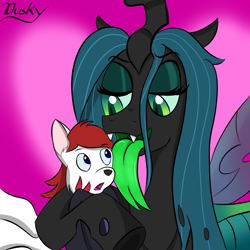 Size: 2000x2000 | Tagged: safe, imported from derpibooru, queen chrysalis, oc, oc:tsutaru arcus, changeling, changeling queen, bedroom eyes, face licking, fangs, female, hug, implied vore, kitsune, licking, surprised, tongue out, vore