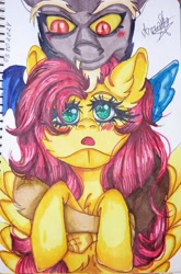 Size: 1349x2048 | Tagged: safe, artist:djun, imported from derpibooru, discord, fluttershy, pony, blushing, discoshy, female, holding a pony, male, shipping, signature, spread wings, straight, traditional art, wings