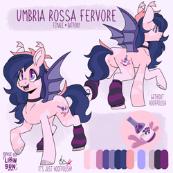 Size: 2000x2000 | Tagged: safe, artist:lionbun, imported from derpibooru, oc, oc:umbria, bat pony, base used, character design, choker, clothes, female, hoof polish, leg warmers, mare, reference sheet