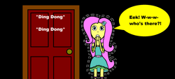 Size: 1909x864 | Tagged: safe, imported from derpibooru, fluttershy, door, halloween, holiday, nightmare night, scared