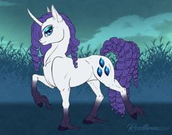 Size: 1462x1149 | Tagged: safe, artist:rossthren, imported from derpibooru, rarity, pony, unicorn, gradient legs, hoof fluff, horn, lidded eyes, long feather, looking at you, outdoors, smiling, smiling at you, solo