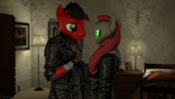 Size: 3840x2160 | Tagged: safe, artist:fireemerald123, imported from derpibooru, oc, oc only, oc:holly berry, oc:page feather, anthro, 3d, bed, clothes, duo, glowing, glowing eyes, jacket, lamp, leather, leather jacket, source filmmaker, trenchcoat, voidpunk