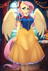 Size: 832x1216 | Tagged: safe, imported from derpibooru, fluttershy, alicorn, anthro, pegasus, series:nightmare night ai costume showcase, ai content, ai generated, beautiful, clothes, costume, cute, dress, female, g5, generator:civitai, generator:pony diffusion v6 xl, generator:stable diffusion, halloween, halloween costume, halloween party, holiday, my little pony: tell your tale, nightmare night, nightmare night costume, nightmare night party, prompter:shajoe, shyabetes, snow white, snow white and the seven dwarfs, solo, solo female