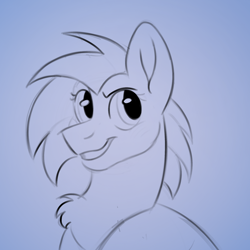 Size: 2048x2048 | Tagged: safe, artist:vendette, imported from derpibooru, oc, oc only, oc:jitterbug, earth pony, pony, blue background, monochrome, simple background, sketch, smiling, solo