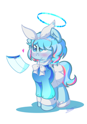 Size: 2480x3508 | Tagged: safe, artist:patoriotto, imported from derpibooru, earth pony, pony, arona (blue archive), blue archive, blushing, bowtie, clothes, collared shirt, female, filly, foal, folder, hair ribbon, halo, heart, long sleeves, multicolored hair, ponified, ribbon, shirt, shoes, simple background, skirt, smiling, solo, white background