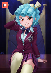 Size: 828x1200 | Tagged: safe, artist:uotapo, imported from derpibooru, cozy glow, human, equestria girls, bowtie, breasts, chair, clothes, collared shirt, cowboy hat, crystal prep academy uniform, grin, hair ribbon, hat, looking at you, on table, patreon, patreon logo, plaid skirt, ribbon, school uniform, shirt, skirt, smiling, socks, thigh highs