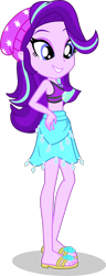 Size: 1622x4234 | Tagged: safe, artist:dustinwatsongkx, imported from derpibooru, starlight glimmer, human, equestria girls, bare shoulders, beanie, clothes, clothes swap, female, geode of shielding, hat, magical geodes, rarity's blue sarong, rarity's purple bikini, sarong, simple background, sleeveless, solo, sports bra, swimsuit, swimsuit swap, transparent background