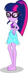 Size: 1604x4050 | Tagged: safe, alternate version, artist:dustinwatsongkx, imported from derpibooru, sci-twi, twilight sparkle, human, equestria girls, accessory swap, barefoot, bikini, clothes, clothes swap, feet, female, glasses, my little pony equestria girls: better together, rarity's blue sarong, rarity's purple bikini, sarong, simple background, solo, swimsuit, swimsuit swap, transparent background, vector