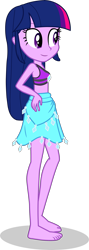 Size: 1436x4029 | Tagged: safe, alternate version, artist:dustinwatsongkx, imported from derpibooru, twilight sparkle, human, equestria girls, accessory swap, bare shoulders, barefoot, clothes, clothes swap, feet, female, rarity's blue sarong, rarity's purple bikini, sandals, sarong, simple background, sleeveless, solo, swimsuit, swimsuit swap, transparent background, vector