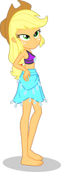 Size: 1408x3969 | Tagged: safe, alternate version, artist:dustinwatsongkx, imported from derpibooru, applejack, human, equestria girls, accessory swap, applejack's hat, armpits, bare arms, bare legs, bare shoulders, barefoot, blonde hair, clothes, clothes swap, cowboy hat, feet, female, freckles, green eyes, hand on hip, hat, jewelry, low ponytail, necklace, orange skin, rarity's blue sarong, rarity's purple bikini, sarong, simple background, skirt, sleeveless, smug, solo, swimsuit, swimsuit swap, transparent background, vector