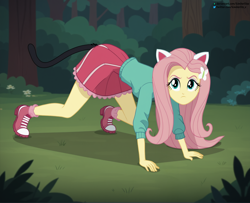 Size: 3072x2496 | Tagged: safe, imported from derpibooru, fluttershy, cat, human, equestria girls, ai content, ai generated, angry, cat ears, cat tail, fake ears, fake tail, forest, generator:stable diffusion, looking at you, nature, outdoors, prompter:kimberlite, quadrober, tail, tree