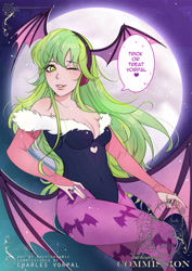 Size: 2894x4093 | Tagged: safe, artist:mochiwasabii, imported from derpibooru, lemon zest, human, succubus, equestria girls, clothes, cosplay, costume, darkstalkers, halloween, halloween costume, holiday, implied canon x oc, morrigan aensland, solo, speech bubble, wings