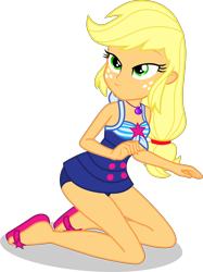 Size: 2757x3679 | Tagged: safe, artist:dustinwatsongkx, imported from derpibooru, applejack, human, equestria girls, accessory swap, bare shoulders, clothes, clothes swap, female, geode of telekinesis, hatless, high res, magical geodes, missing accessory, one-piece swimsuit, sandals, sci-twi swimsuit, simple background, sleeveless, solo, swimsuit, swimsuit swap, transparent background