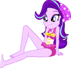 Size: 1382x1335 | Tagged: safe, alternate version, artist:dustinwatsongkx, imported from derpibooru, starlight glimmer, human, equestria girls, bare shoulders, barefoot, beanie, clothes, clothes swap, feet, female, geode of sugar bombs, hat, magical geodes, one-piece swimsuit, pinkie pie swimsuit, simple background, sleeveless, solo, swimsuit, swimsuit swap, transparent background