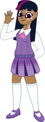 Size: 597x1612 | Tagged: safe, artist:prixy05, imported from derpibooru, twilight sparkle, human, clothes, female, glasses, humanized, moderate dark skin, simple background, skirt, solo, sweater vest, transparent background, waving