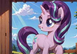 Size: 3744x2664 | Tagged: safe, imported from derpibooru, starlight glimmer, pony, unicorn, ai content, ai generated, bangs, cloud, eyelashes, female, horn, looking at someone, mare, prompter:bluetoothworld, sky, smiling, solo, tail, tree