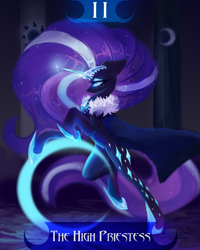 Size: 4000x5000 | Tagged: safe, artist:anastas, imported from derpibooru, part of a set, nightmare rarity, pony, unicorn, series:ask nightmare rarity, ask, cape, clothes, column, crystal, detailed background, english, ethereal mane, ethereal tail, eyelashes, eyeshadow, female, floppy ears, flowing mane, flowing tail, glowing, glowing horn, halloween, holiday, hoof shoes, horn, jewelry, magic, magic aura, makeup, mare, mlp art ask (ru), moon, nightmare night, nightmarified, princess shoes, regalia, slit pupils, solo, standing, starry mane, starry tail, tail, tarot, tarot card, text, tiara