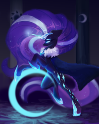 Size: 4000x5000 | Tagged: safe, alternate version, artist:anastas, imported from derpibooru, part of a set, nightmare rarity, pony, unicorn, series:ask nightmare rarity, ask, cape, clothes, column, crystal, detailed background, ethereal mane, ethereal tail, eyelashes, eyeshadow, female, floppy ears, flowing mane, flowing tail, glowing, glowing horn, hoof shoes, horn, jewelry, magic, magic aura, makeup, mare, mlp art ask (ru), moon, nightmarified, princess shoes, regalia, slit pupils, solo, standing, starry mane, starry tail, tail, tarot, tarot card, textless, tiara