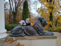 Size: 8192x6144 | Tagged: safe, imported from derpibooru, maud pie, big cat, lion, autumn, leaf, monument, park, photo, plushie