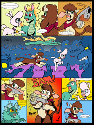 Size: 1456x1932 | Tagged: safe, artist:duragan, imported from derpibooru, cow, deer, dragon, hybrid, lamb, longma, reindeer, sheep, undead, zombie, them's fightin' herds, arizona (tfh), comic, community related, gun, halloween, holiday, parody, pom (tfh), shotgun, simpsons did it, tianhuo (tfh), velvet (tfh), weapon