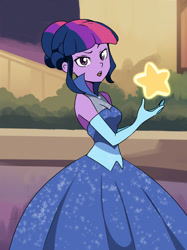 Size: 1280x1708 | Tagged: safe, artist:daichigatari, imported from derpibooru, twilight sparkle, human, equestria girls, alternate hairstyle, breasts, busty twilight sparkle, clothes, dress, evening gloves, female, gala dress, gloves, gown, long gloves, solo, stars, twilight sparkle's first gala dress