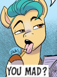 Size: 569x762 | Tagged: safe, edit, idw, imported from derpibooru, hitch trailblazer, earth pony, spoiler:comic, spoiler:g5comic, spoiler:g5comic12, caption, cute, expand dong, exploitable meme, g5, hitchbetes, image macro, licking, male, meme, notepad, pencil, stallion, text, tongue out, you mad?