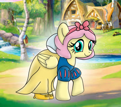 Size: 1280x1136 | Tagged: safe, artist:mlplary6, imported from derpibooru, fluttershy, pegasus, pony, alternate hairstyle, clothes, cute, dress, female, hair ribbon, mare, ribbon, shoes, shyabetes, smiling, snow white, snow white and the seven dwarfs, solo