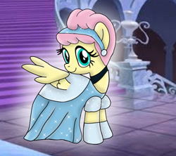 Size: 1280x1136 | Tagged: safe, artist:mlplary6, imported from derpibooru, fluttershy, pegasus, pony, alternate hairstyle, choker, cinderella, clothes, cute, dress, evening gloves, female, gloves, gown, hair bun, hairband, long gloves, mare, poofy shoulders, shyabetes, smiling, solo, spread wings, staircase, stairs, wings