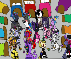 Size: 1168x968 | Tagged: safe, artist:ask-luciavampire, imported from derpibooru, oc, alicorn, earth pony, pegasus, pony, unicorn, candy, clothes, costume, female, filly, foal, food, halloween, halloween 2024, halloween costume, holiday, horn, kids, tumblr