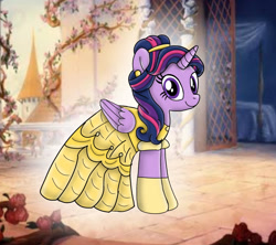 Size: 1280x1136 | Tagged: safe, artist:mlplary6, imported from derpibooru, twilight sparkle, alicorn, pony, alternate hairstyle, beauty and the beast, belle, clothes, cute, dress, ear piercing, earring, evening gloves, female, gloves, gown, jewelry, long gloves, mare, piercing, smiling, solo, twiabetes, twilight sparkle (alicorn)