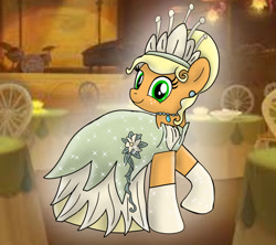 Size: 1280x1136 | Tagged: safe, artist:mlplary6, imported from derpibooru, applejack, earth pony, pony, alternate hairstyle, applebetes, applejack also dresses in style, clothes, crown, cute, dress, ear piercing, earring, evening gloves, female, gloves, gown, jewelry, long gloves, mare, necklace, piercing, regalia, solo, table, the princess and the frog, tiana