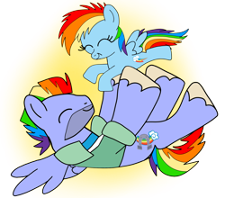 Size: 1280x1124 | Tagged: safe, artist:mlplary6, imported from derpibooru, bow hothoof, rainbow dash, pegasus, pony, ^^, bowabetes, clothes, cute, daaaaaaaaaaaw, dashabetes, duo, eyes closed, father and child, father and daughter, female, filly, filly rainbow dash, jacket, male, smiling, spread wings, stallion, wholesome, wings, younger