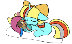 Size: 2352x1435 | Tagged: safe, artist:violavaquita, oc, oc:silly stuffing, oc:terri softmare, alicorn, original species, plush pony, pony, bed, bow, cute, female, filly, hug, plushie, simple background, toy, transparent background