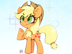 Size: 4000x3000 | Tagged: safe, artist:zokkili, imported from derpibooru, earth pony, pony, applejack's hat, cowboy hat, ear fluff, eye clipping through hair, eyebrows, eyebrows visible through hair, female, hat, high res, mare, raised hoof, signature, smiling, solo, sparkles, underhoof