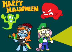 Size: 1024x740 | Tagged: safe, artist:dragonboi471, artist:rainbowdashsmailbag, imported from derpibooru, fluttershy, rainbow dash, ghost, pony, undead, clothes, costume, flashlight (object), halloween, holiday, luigi, meggy spletzer, super mario bros.