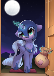 Size: 2500x3500 | Tagged: safe, artist:skitsroom, imported from derpibooru, nightmare moon, princess luna, alicorn, pony, clothes, costume, cute, door, female, filly, filly luna, full moon, glowing, glowing horn, halloween, halloween costume, holiday, horn, looking at you, lunabetes, moon, moonabetes, s1 luna, sky, solo, stars, woona, younger