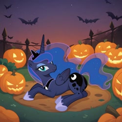 Size: 1024x1024 | Tagged: safe, imported from derpibooru, princess luna, alicorn, bat, pony, ai content, ai generated, bedroom eyes, butt, cute, dusk, evening, female, generator:pony diffusion v6 xl, generator:stable diffusion, halloween, halloween 2024, holiday, horn, lidded eyes, looking at you, lying down, mare, moonbutt, nightmare night, plot, prompter:harvydraws, prone, pumpkin, sexy, show accurate, smiling, smiling at you, solo, stupid sexy princess luna