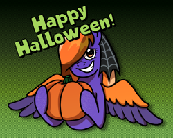 Size: 2808x2234 | Tagged: safe, artist:queertrixie, imported from derpibooru, oc, oc only, oc:pumpkin screams, pegasus, colored wings, female, gradient background, hooves, mare, pumpkin, solo, sparkles, sparkly hooves, text, two toned wings, veil, wings