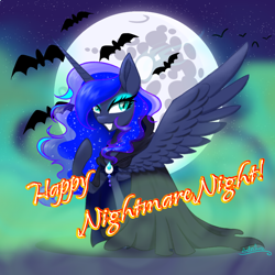 Size: 1080x1080 | Tagged: safe, artist:astralune, imported from derpibooru, princess luna, alicorn, bat, cape, clothes, ethereal mane, eyeshadow, looking at you, makeup, mlp fim's fourteenth anniversary, moon, nightmare night, signature, slit pupils, solo, starry mane, text