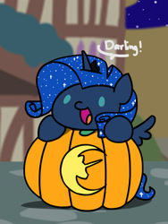 Size: 1350x1800 | Tagged: safe, artist:flutterluv, imported from derpibooru, rarity, pony, unicorn, clothes, costume, darling, fake wings, halloween, holiday, horn, jack-o-lantern, night, nightmare night, ponyville, princess luna costume, pumpkin, smiling, solo