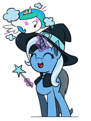 Size: 1350x1800 | Tagged: safe, artist:flutterluv, imported from derpibooru, princess celestia, trixie, alicorn, pony, 2024, blob, blob pony, duo, hat, magic wand, smiling, trixie day, witch costume, witch hat