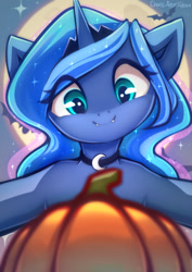 Size: 842x1191 | Tagged: safe, artist:chaosangeldesu, imported from derpibooru, princess luna, alicorn, bat, pony, choker, cute, halloween, holiday, mlp fim's fourteenth anniversary, moon, pumpkin, smiling, solo