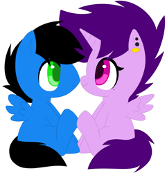 Size: 3340x3469 | Tagged: safe, artist:melodytheartpony, imported from derpibooru, oc, oc:griff, oc:violet scratch, alicorn, pegasus, 2014, alicorn oc, doodle, ear piercing, facing each other, female, feral, happy, horn, looking at each other, looking at someone, male, old art, pegasus oc, piercing, shipping, short mane, signature, simple background, sitting, smiling, spread wings, straight, white background, wings