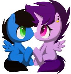 Size: 3340x3468 | Tagged: safe, alternate version, artist:melodytheartpony, imported from derpibooru, oc, oc:griff, oc:violet scratch, alicorn, pegasus, 2014, alicorn oc, doodle, ear piercing, facing each other, female, feral, happy, horn, looking at each other, looking at someone, male, old art, pegasus oc, piercing, shipping, short mane, signature, simple background, sitting, smiling, spread wings, straight, white background, wings