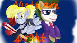 Size: 1920x1080 | Tagged: safe, artist:jbond, imported from derpibooru, derpy hooves, doctor whooves, time turner, earth pony, pegasus, pony, alternate hair color, alternate hairstyle, baseball bat, clothes, cosplay, costume, dc comics, duo, female, harley quinn, joker (2019), male, text