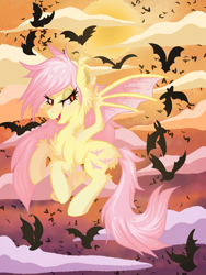 Size: 1800x2400 | Tagged: safe, artist:annuthecatgirl, imported from derpibooru, fluttershy, bat, bat pony, pegasus, bat ponified, cloud, flutterbat, flying, halloween, holiday, race swap, sky, solo, sunset