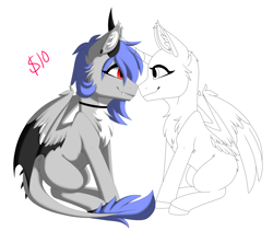 Size: 3600x3038 | Tagged: safe, artist:melodytheartpony, imported from derpibooru, oc, oc only, oc:melody silver, dracony, dragon, hybrid, pony, any character, any gender, choker, commission, duo, ear piercing, facing each other, female, feral, happy, looking at each other, looking at someone, piercing, short mane, signature, simple background, sitting, smiling, spread wings, white background, wings, your character here